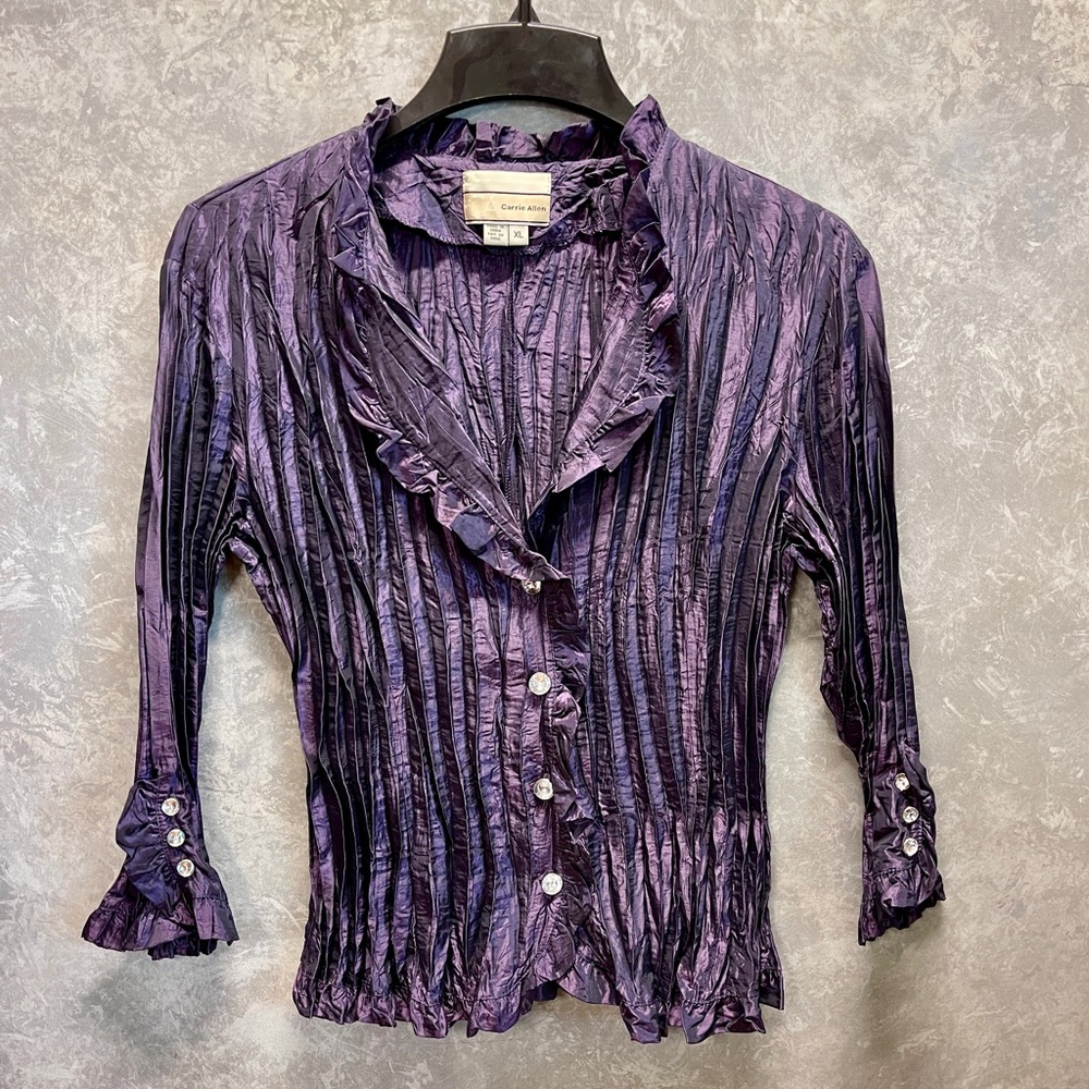 Carrie Allen Purple Ruched Ruffled 3/4 Sleeve Blouse with Crinkled Pleat Texture